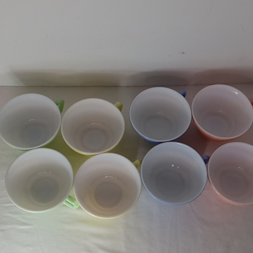 MCM Unique Vintage 50's Hazel Atlas Platonite Pastel Coffee Cups Mugs Set Of 8 - Picture 3 of 5